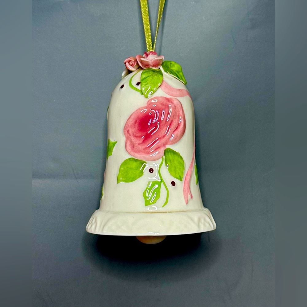 Roman Inc Porcelain Ornament White Bell Shape Pink Roses